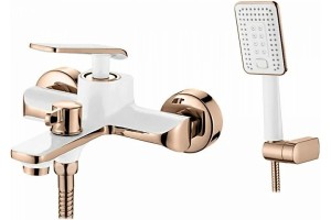 Смеситель для ванны с коротким поворотным, дивертор в корпусе Белый+Розовое золото LEDEME L3274WR