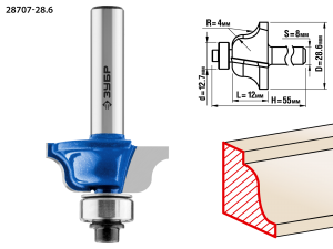 Фреза ЗУБР кромочная калевочная №6,D-28,6мм,дл-12мм,р-4мм,хв.-8мм,d-12,7мм 28707-28.6